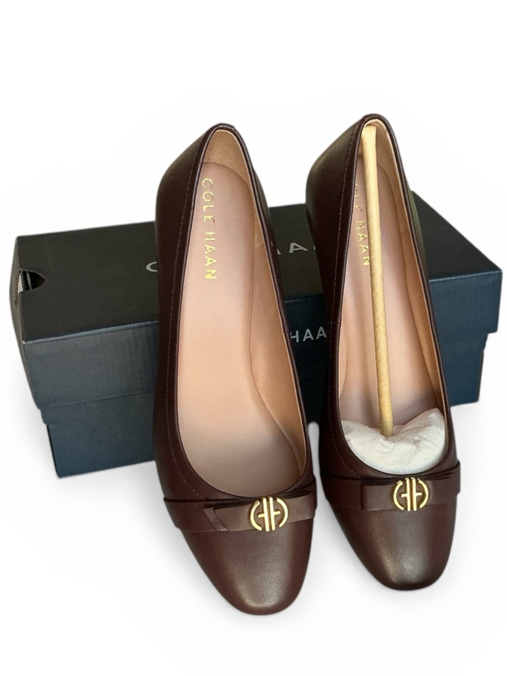 Cole Haan Brown Malta Leather Wedge Bloodstone Ballet Pumps Gold Logo Size 5.5